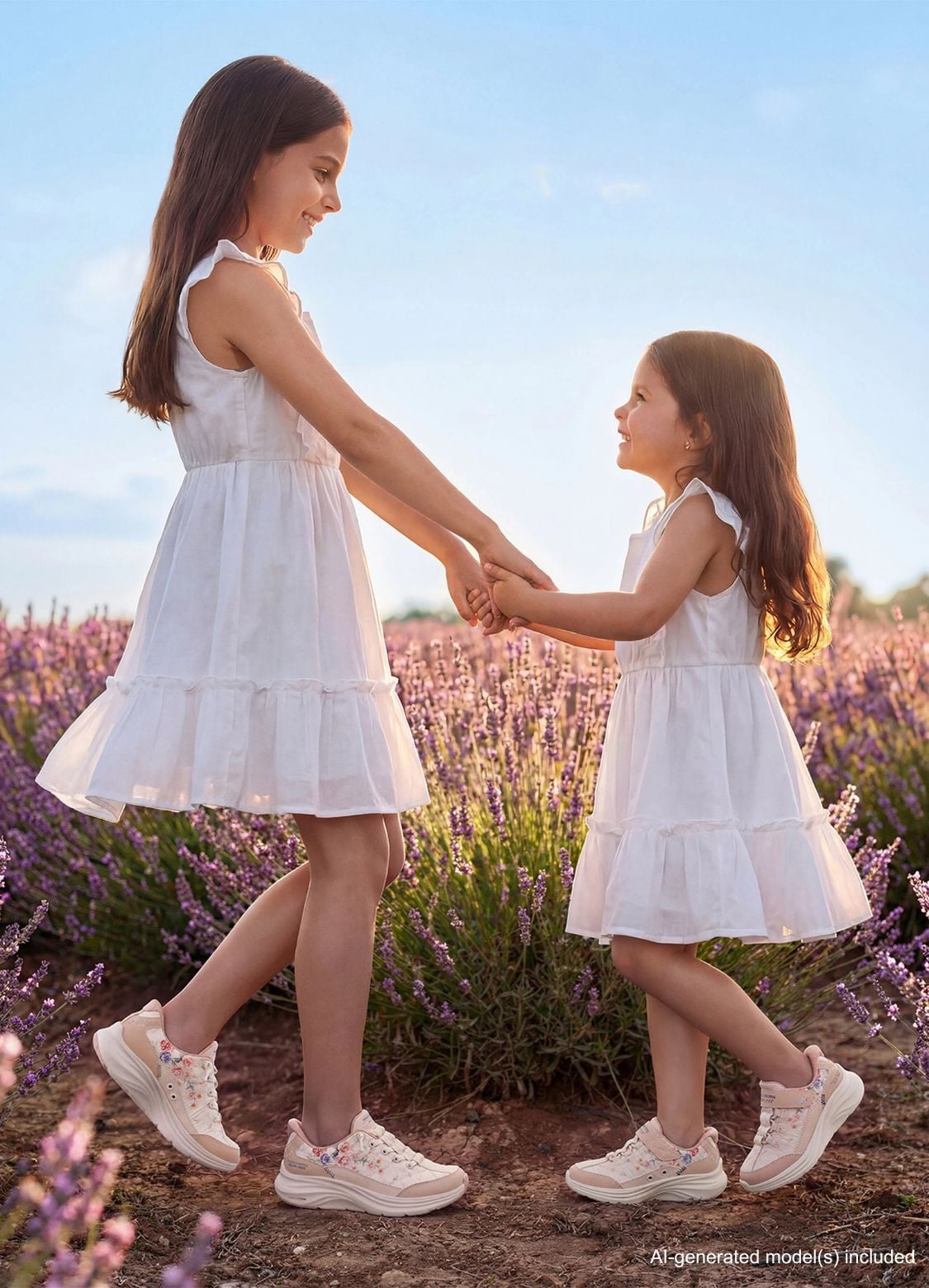 girls holding hands in Skechers